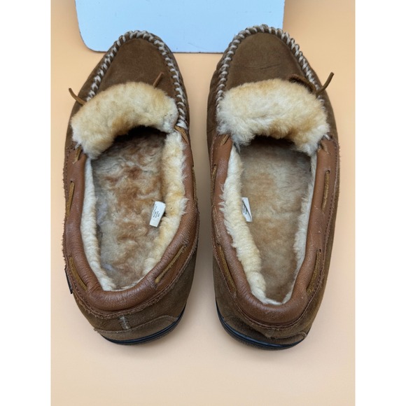 Cabelas Mens 12 M Brown Suede Genuine Shearling Lined Moccasin Shoes Slippers - Picture 7 of 8